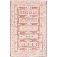 Hand Knotted Red, Ivory Wool Area Rug | Turkish Geometric Motif Accent Rug