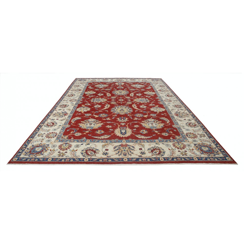 Hand Knotted Floral Large Area Rug with Red Field and Beige Border | Traditional Oushak Wool Carpet Hand Knotted Floral Large Area Rug with Red Field and Beige Border | Traditional Oushak Wool Carpet