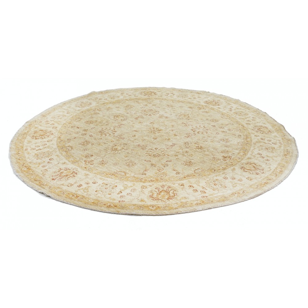 Hand Knotted Round Wool Rug | Beige Oushak Style Carpet with Soft Floral Medallion Pattern Hand Knotted Round Wool Rug | Beige Oushak Style Carpet with Soft Floral Medallion Pattern