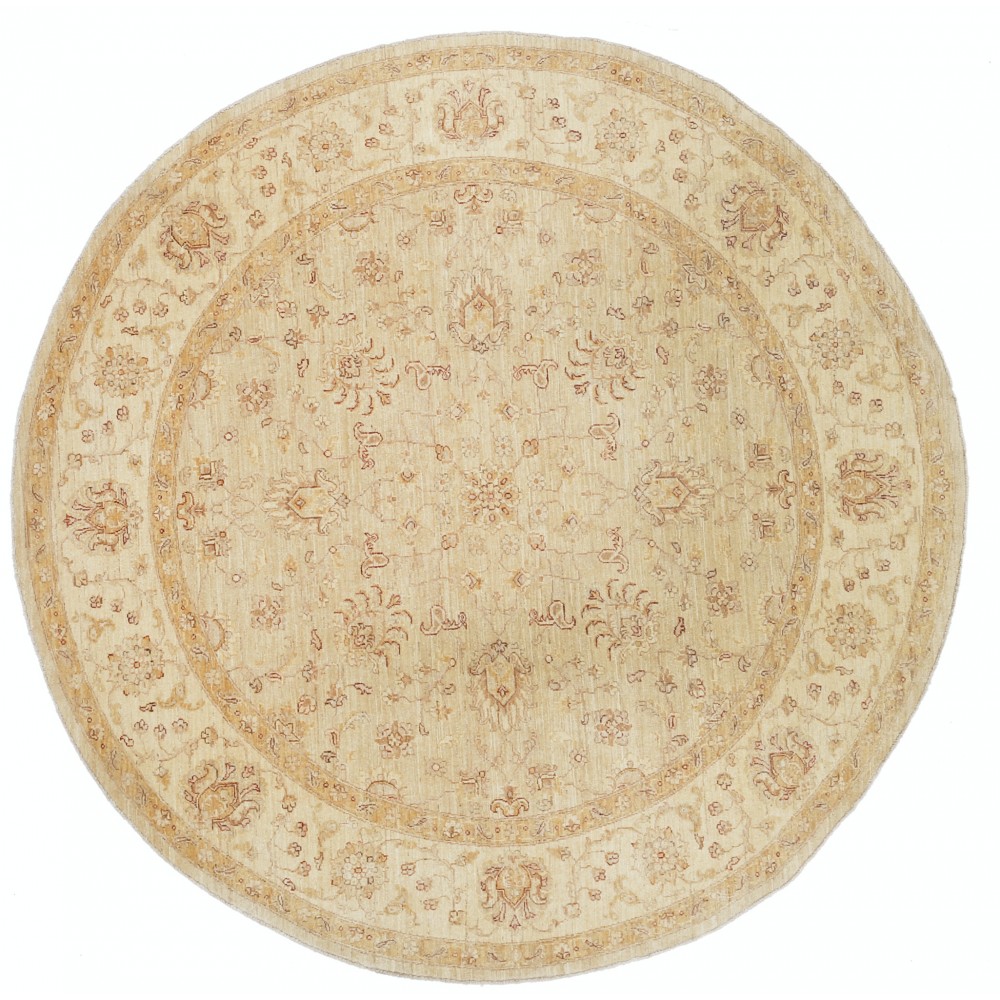 Hand Knotted Round Wool Rug | Beige Oushak Style Carpet with Soft Floral Medallion Pattern Hand Knotted Round Wool Rug | Beige Oushak Style Carpet with Soft Floral Medallion Pattern