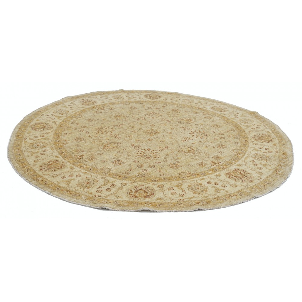 Hand Knotted Round Wool Rug | Beige Oushak Style Carpet with Soft Floral Medallion Pattern Hand Knotted Round Wool Rug | Beige Oushak Style Carpet with Soft Floral Medallion Pattern