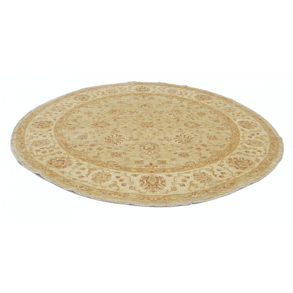 Hand Knotted Round Wool Rug | Beige Oushak Style Carpet with Soft Floral Medallion Pattern Hand Knotted Round Wool Rug | Beige Oushak Style Carpet with Soft Floral Medallion Pattern