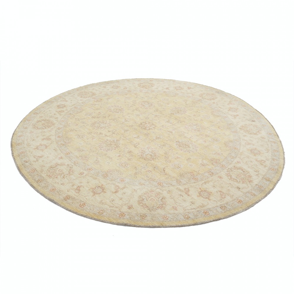 Hand Knotted Round Wool Rug | Ivory Beige Oushak Carpet with Soft Floral Medallion Pattern
