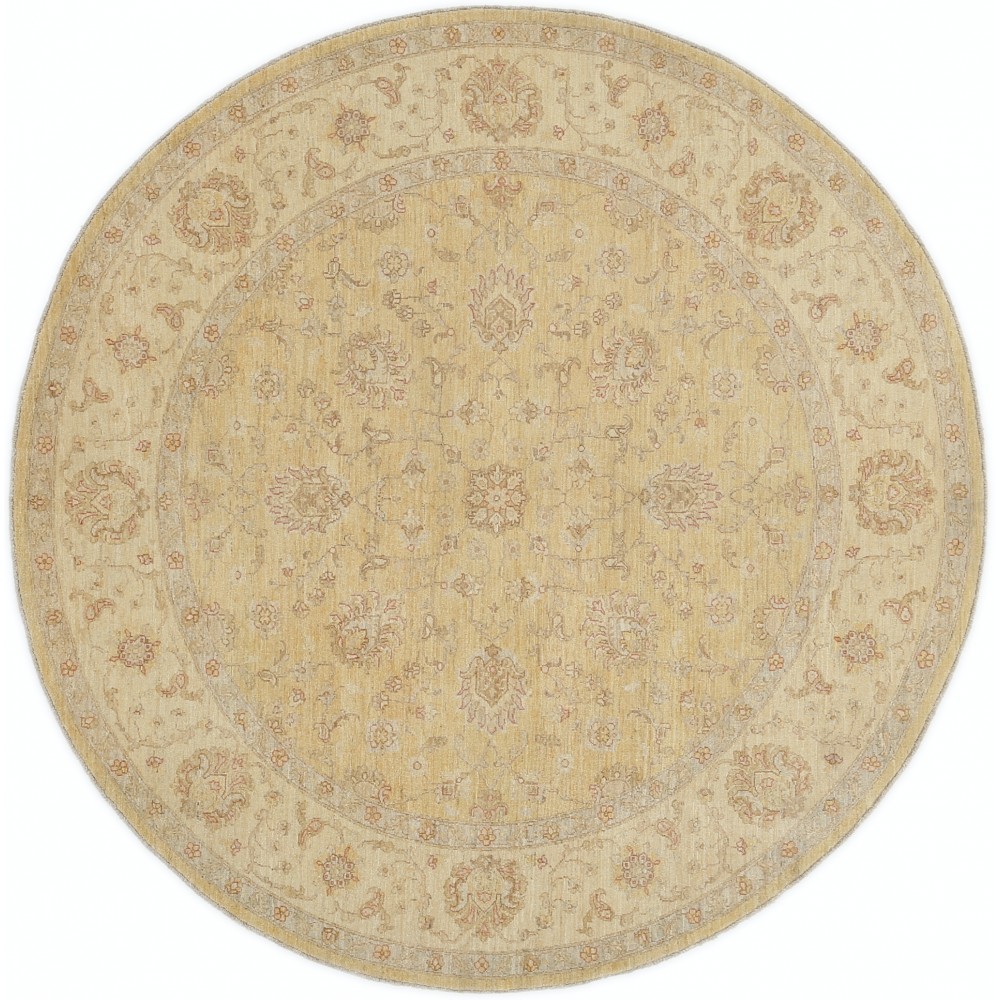 Hand Knotted Round Wool Rug | Ivory Beige Oushak Carpet with Soft Floral Medallion Pattern