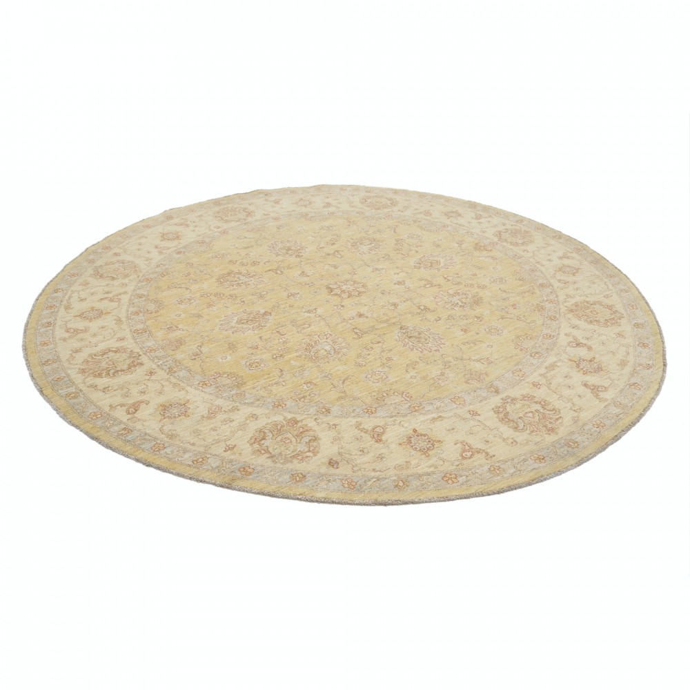 Hand Knotted Round Wool Rug | Ivory Beige Oushak Carpet with Soft Floral Medallion Pattern