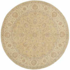Hand Knotted Round Wool Rug | Ivory Beige Oushak Carpet with Soft Floral Medallion Pattern
