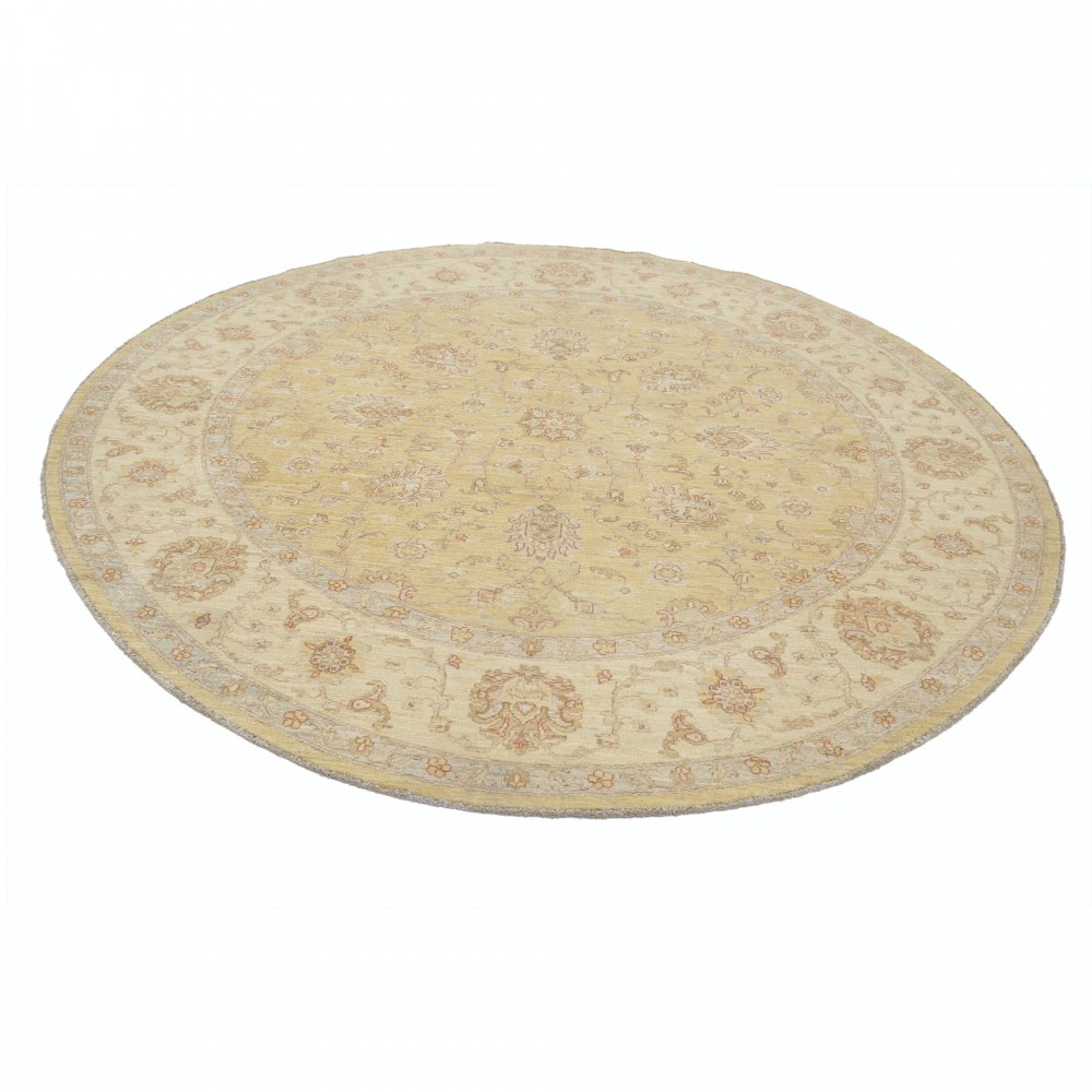 Hand Knotted Round Wool Rug | Ivory Beige Oushak Carpet with Soft Floral Medallion Pattern