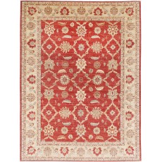 Hand Knotted Floral Area Rug with Red Field and Ivory Border | Traditional Oushak Wool Carpet
