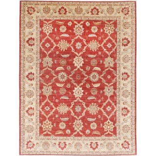 Hand Knotted Floral Area Rug with Red Field and Ivory Border | Traditional Oushak Wool Carpet