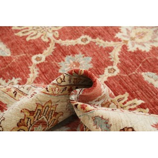 Hand Knotted Floral Area Rug with Red Field and Ivory Border | Traditional Oushak Wool Carpet