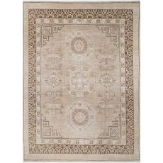 Hand Knotted Beige and Brown Wool Area Rug | Turkish Tribal Geometric Design Carpet