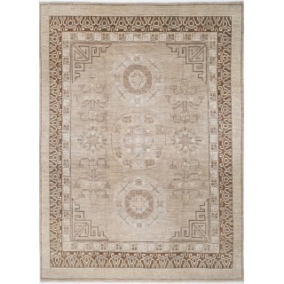 Hand Knotted Beige and Brown Wool Area Rug | Turkish Tribal Geometric Design Carpet
