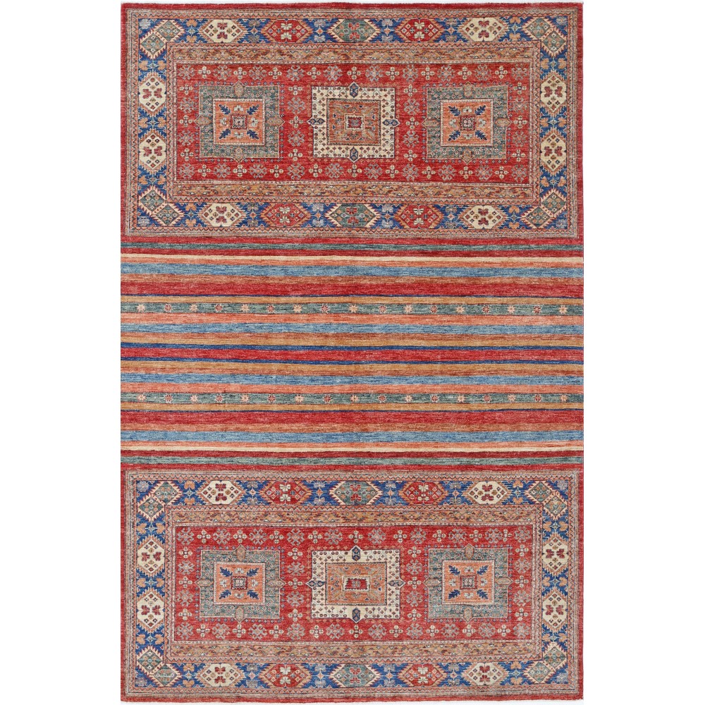 Hand Knotted Tribal Area Rug, Red and Blue Wool Area Rug, Geometric Striped Carpet Hand Knotted Tribal Area Rug, Red and Blue Wool Area Rug, Geometric Striped Carpet