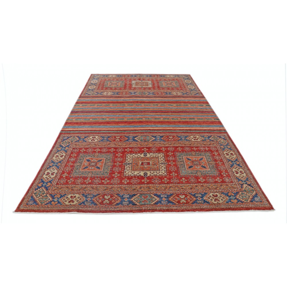 Hand Knotted Tribal Area Rug, Red and Blue Wool Area Rug, Geometric Striped Carpet Hand Knotted Tribal Area Rug, Red and Blue Wool Area Rug, Geometric Striped Carpet
