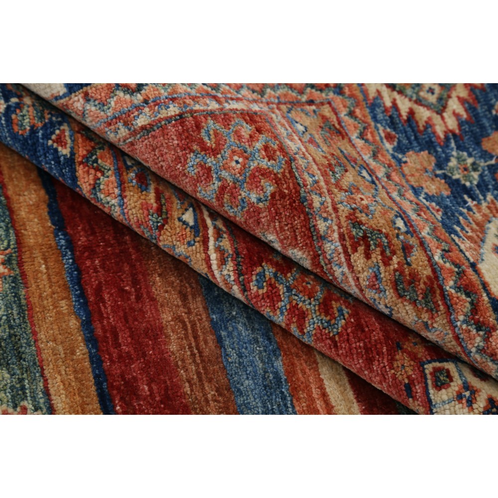 Hand Knotted Tribal Area Rug, Red and Blue Wool Area Rug, Geometric Striped Carpet Hand Knotted Tribal Area Rug, Red and Blue Wool Area Rug, Geometric Striped Carpet
