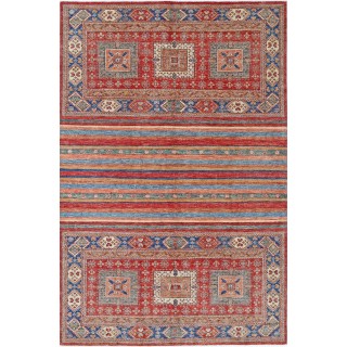 Hand Knotted Tribal Area Rug, Red and Blue Wool Area Rug, Geometric Striped Carpet