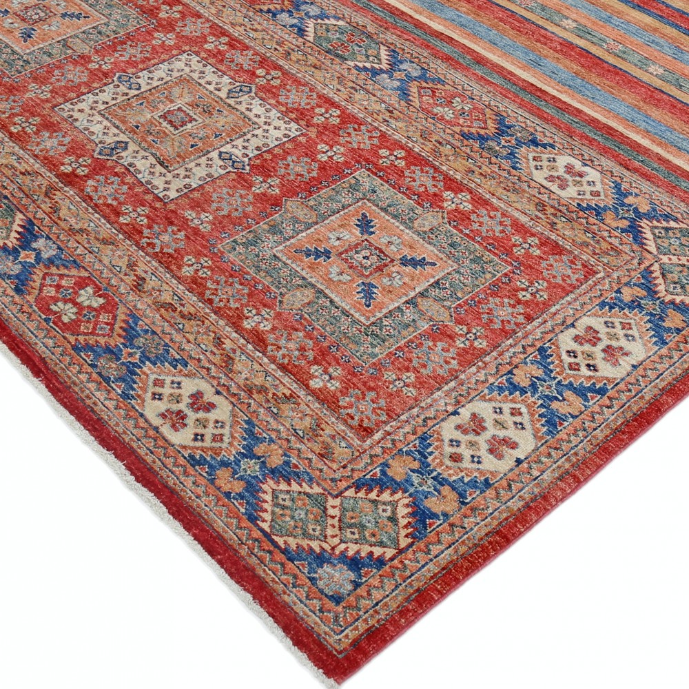 Hand Knotted Tribal Area Rug, Red and Blue Wool Area Rug, Geometric Striped Carpet Hand Knotted Tribal Area Rug, Red and Blue Wool Area Rug, Geometric Striped Carpet