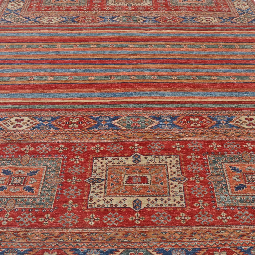 Hand Knotted Tribal Area Rug, Red and Blue Wool Area Rug, Geometric Striped Carpet Hand Knotted Tribal Area Rug, Red and Blue Wool Area Rug, Geometric Striped Carpet