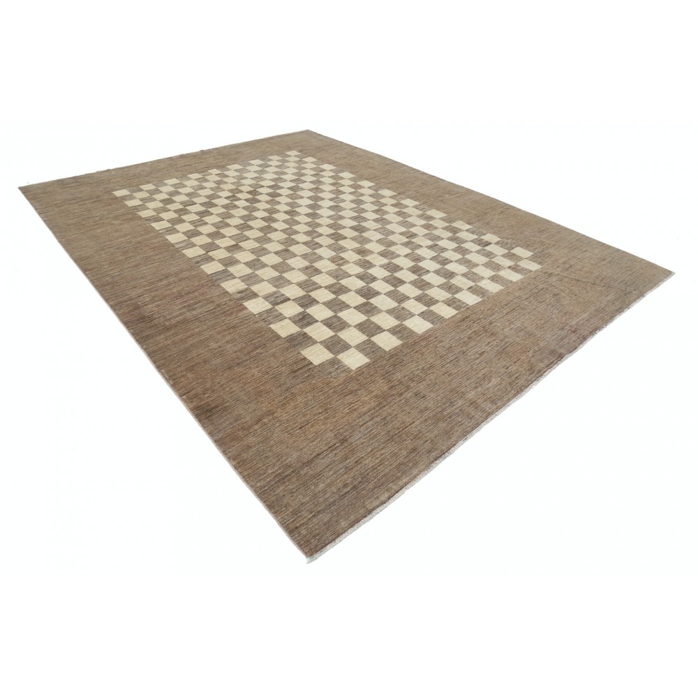 Hand Knotted Brown and Ivory Wool Area Rug | Checkered Geometric Design Carpet