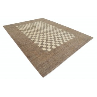 Hand Knotted Brown and Ivory Wool Area Rug | Checkered Geometric Design Carpet