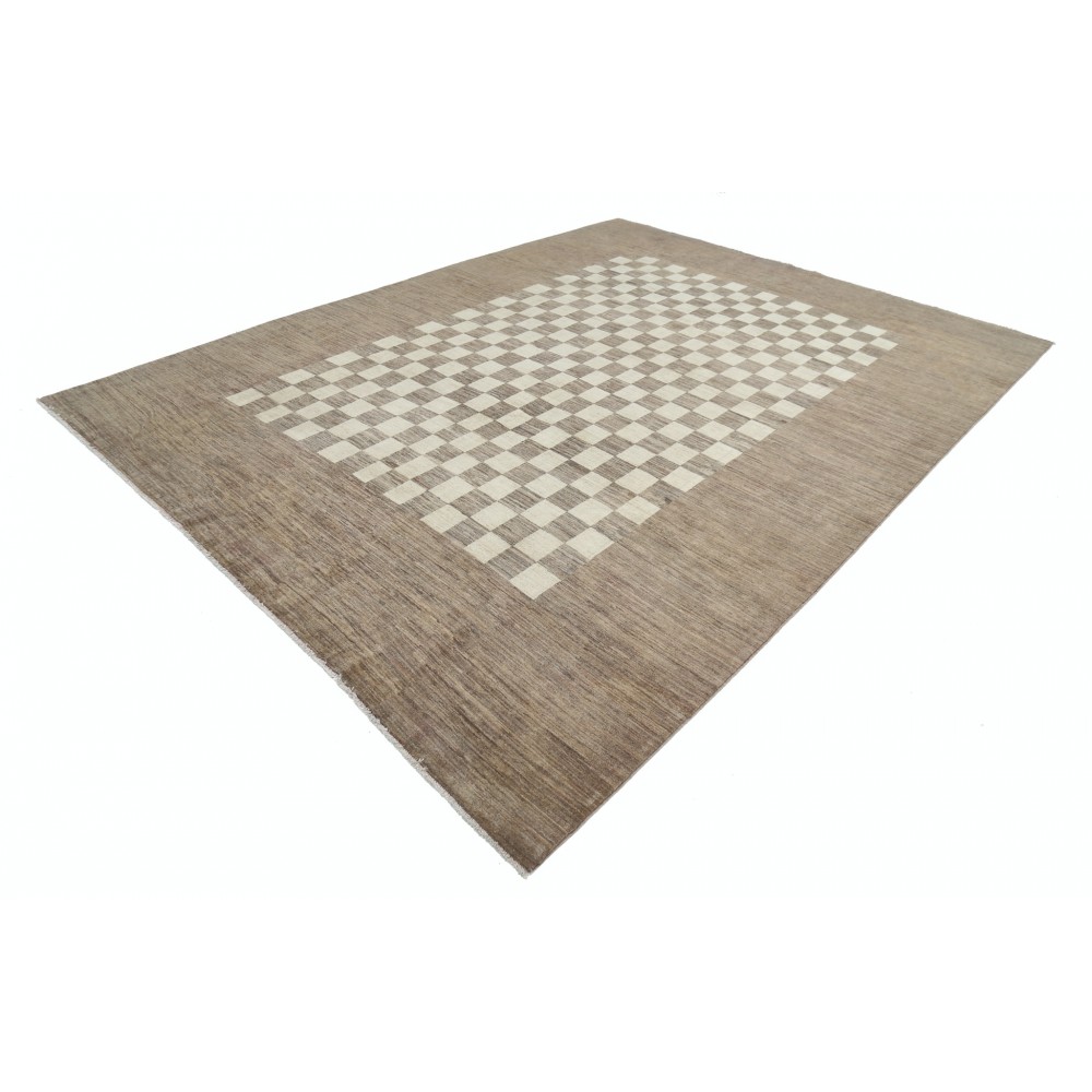 Hand Knotted Brown and Ivory Wool Area Rug | Checkered Geometric Design Carpet