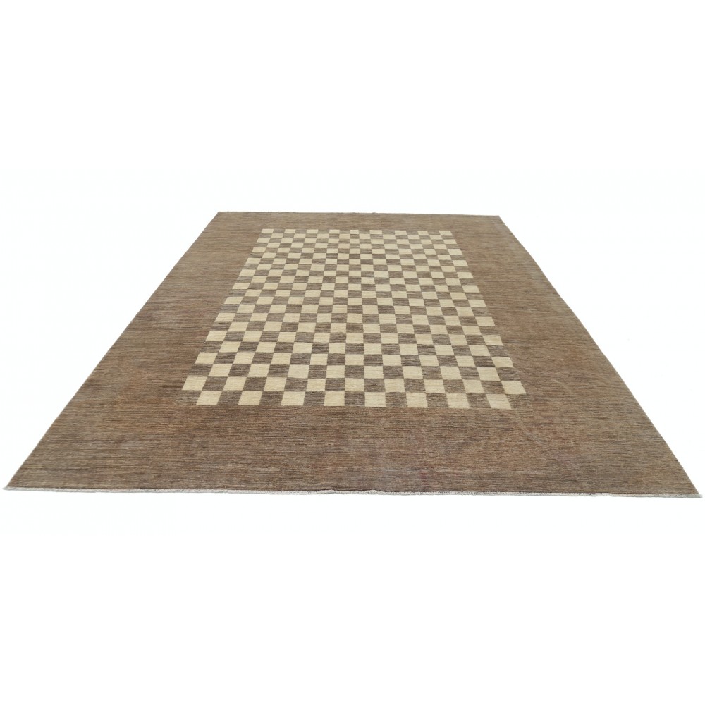 Hand Knotted Brown and Ivory Wool Area Rug | Checkered Geometric Design Carpet