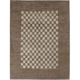 Hand Knotted Brown and Ivory Wool Area Rug | Checkered Geometric Design Carpet