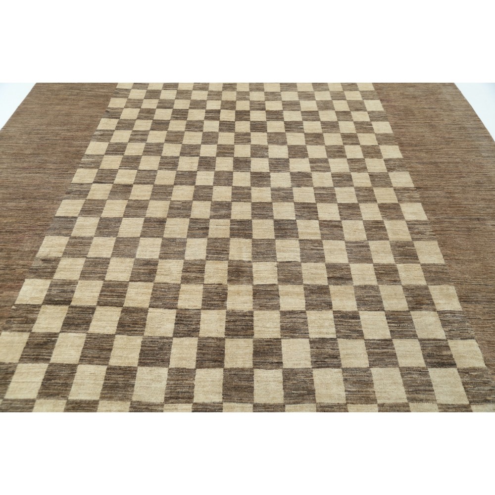 Hand Knotted Brown and Ivory Wool Area Rug | Checkered Geometric Design Carpet