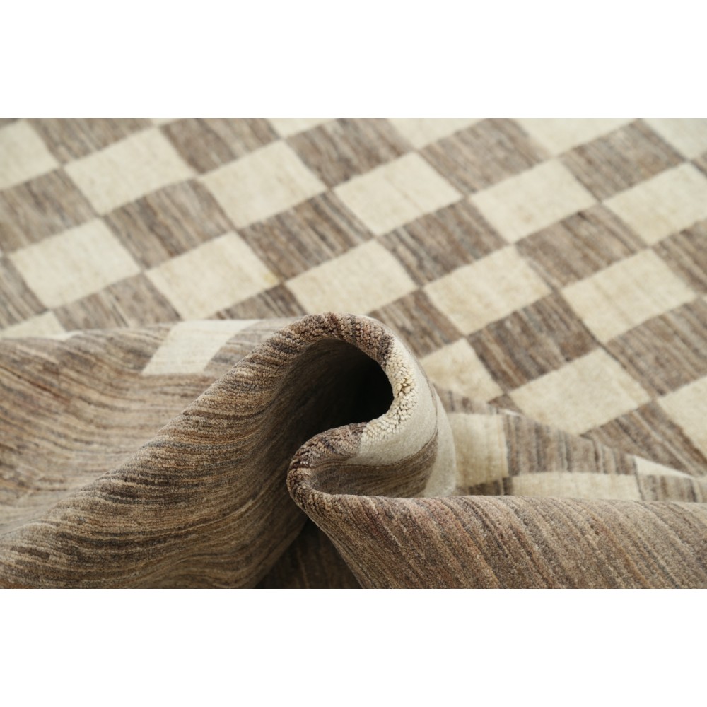 Hand Knotted Brown and Ivory Wool Area Rug | Checkered Geometric Design Carpet