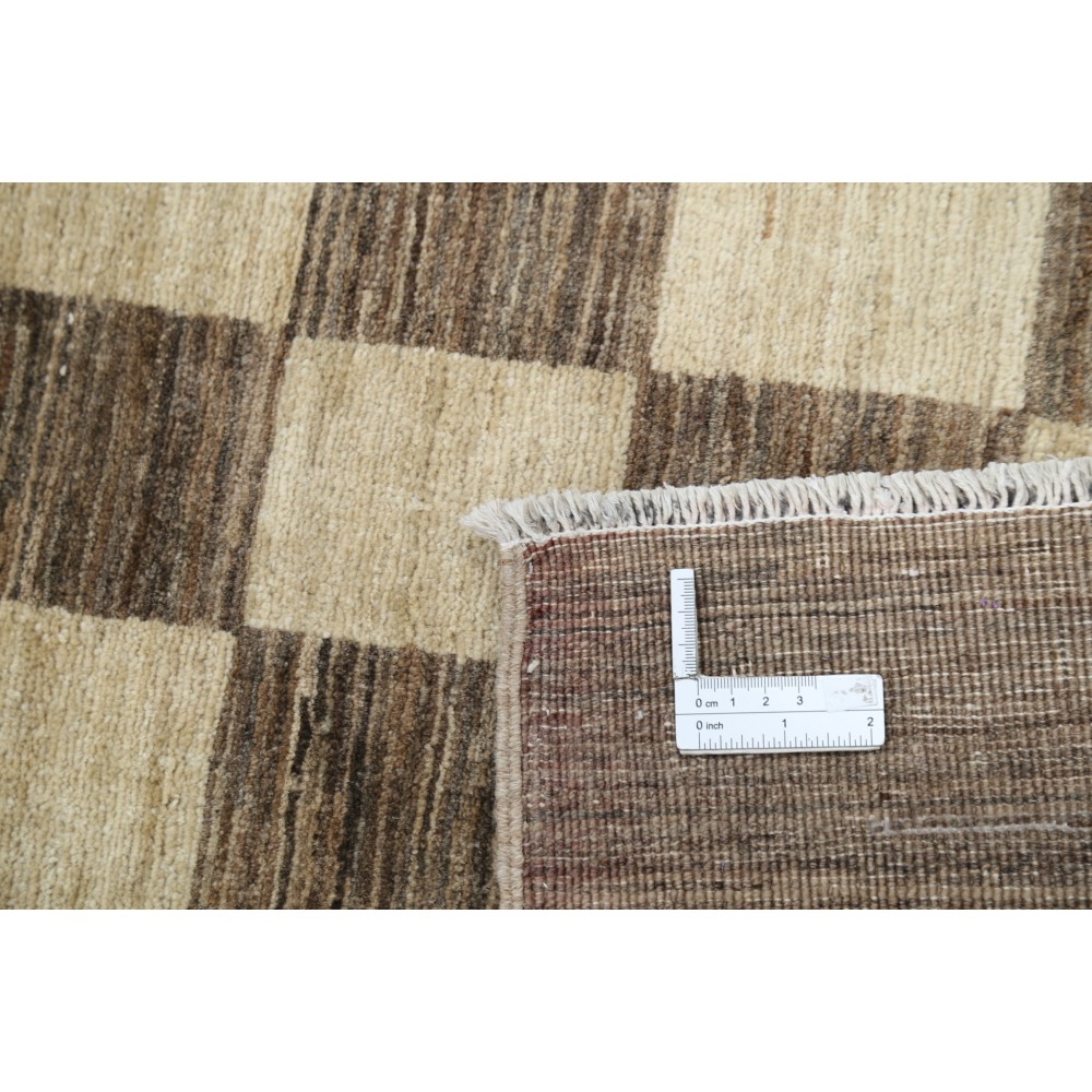 Hand Knotted Brown and Ivory Wool Area Rug | Checkered Geometric Design Carpet