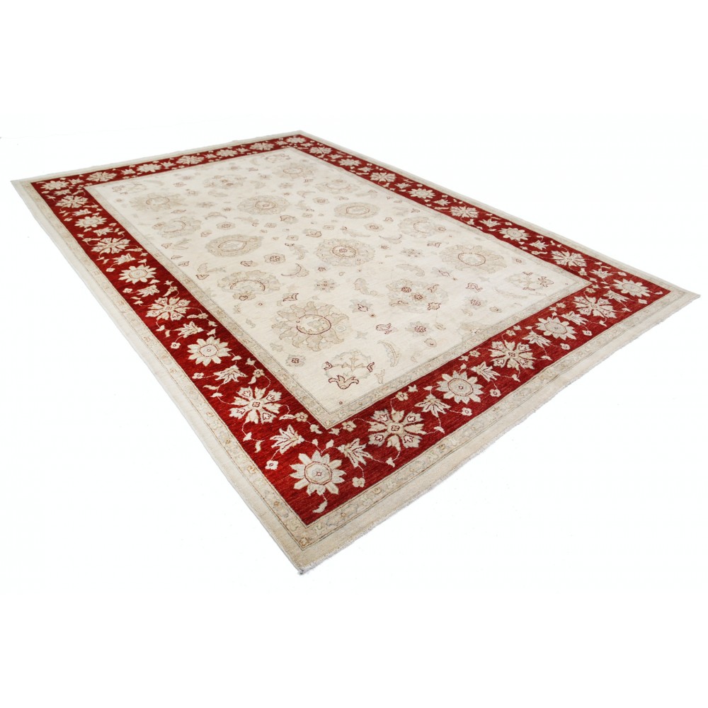 Hand Knotted Large Wool Area Rug with Beige Field and Red Border | Floral Oushak Carpet Hand Knotted Large Wool Area Rug with Beige Field and Red Border | Floral Oushak Carpet
