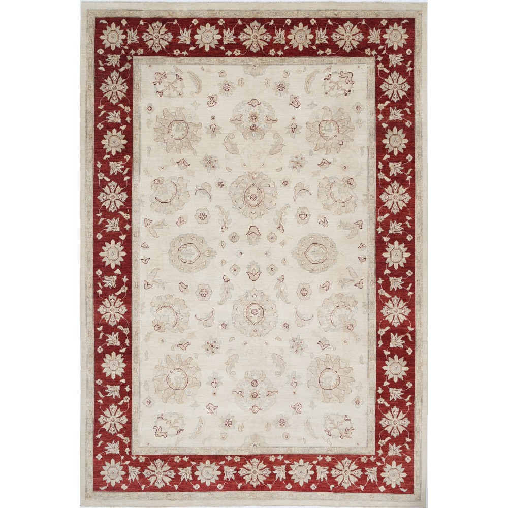 Hand Knotted Large Wool Area Rug with Beige Field and Red Border | Floral Oushak Carpet Hand Knotted Large Wool Area Rug with Beige Field and Red Border | Floral Oushak Carpet