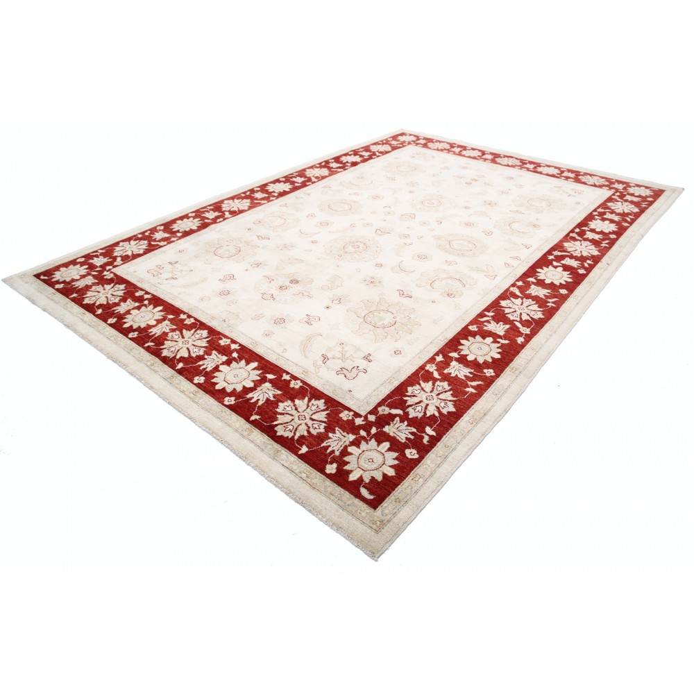 Hand Knotted Large Wool Area Rug with Beige Field and Red Border | Floral Oushak Carpet Hand Knotted Large Wool Area Rug with Beige Field and Red Border | Floral Oushak Carpet