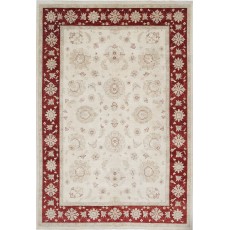 Hand Knotted Large Wool Area Rug with Beige Field and Red Border | Floral Oushak Carpet