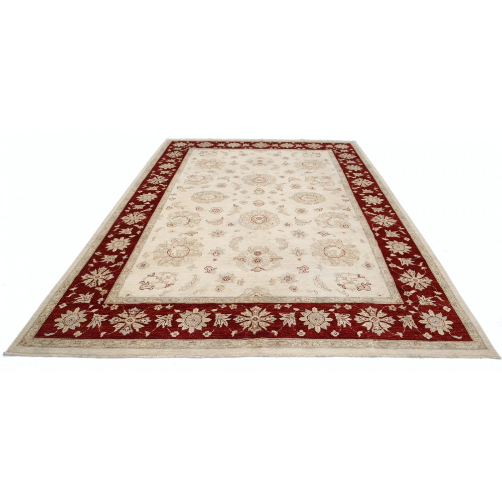 Hand Knotted Large Wool Area Rug with Beige Field and Red Border | Floral Oushak Carpet Hand Knotted Large Wool Area Rug with Beige Field and Red Border | Floral Oushak Carpet
