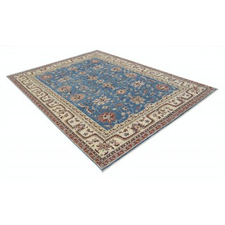 Hand Knotted Floral Area Rug with Blue Field and Beige Border | Traditional Oushak Wool Carpet