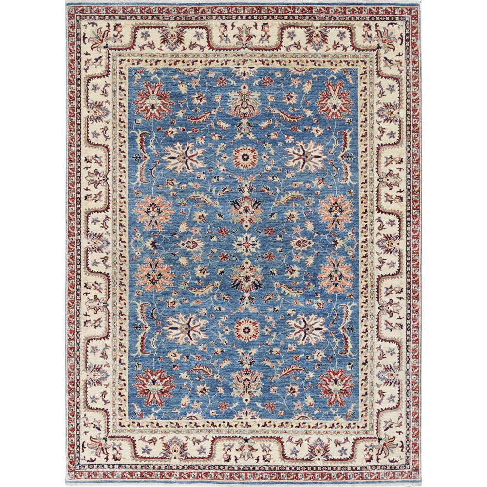 Hand Knotted Floral Area Rug with Blue Field and Beige Border | Traditional Oushak Wool Carpet Hand Knotted Floral Area Rug with Blue Field and Beige Border | Traditional Oushak Wool Carpet