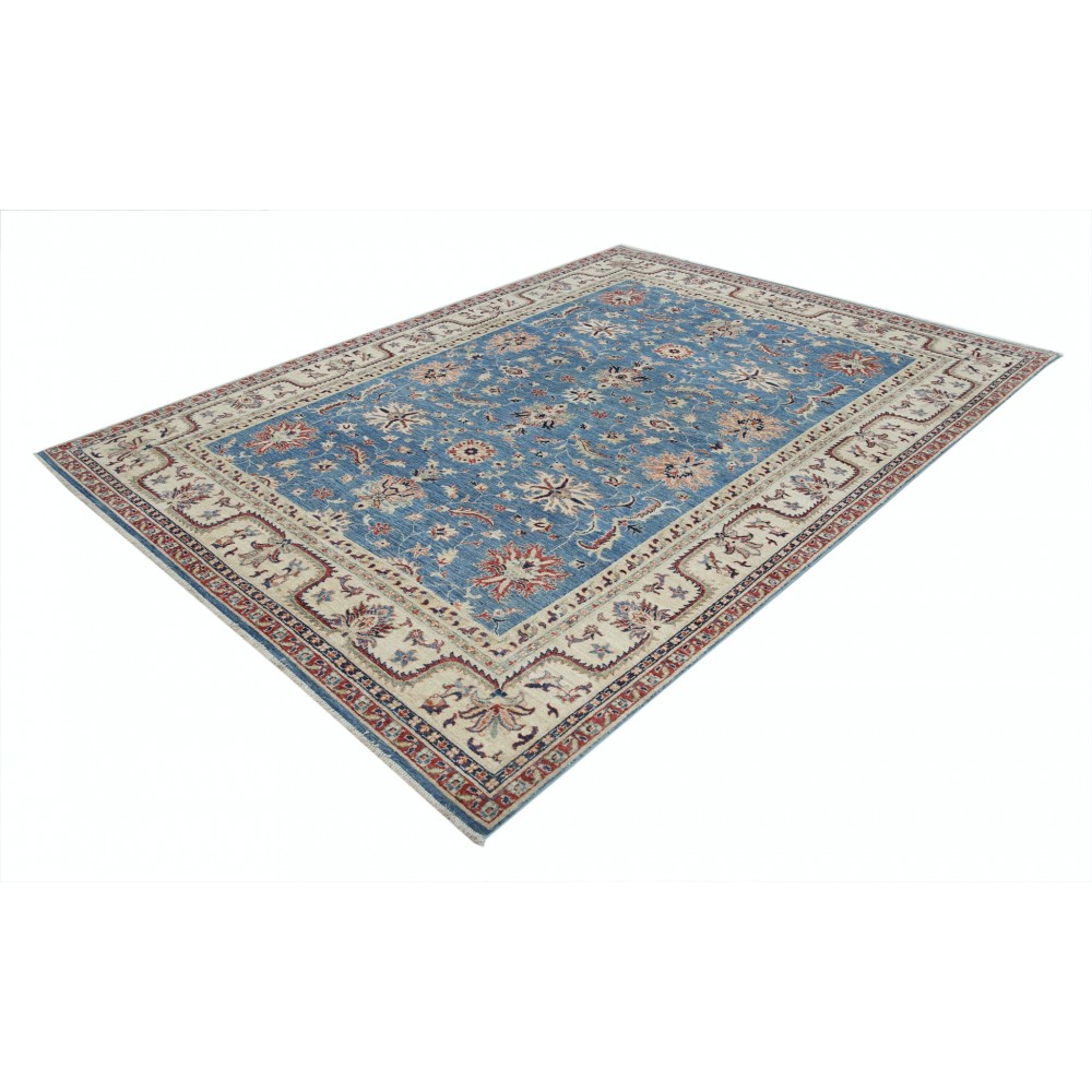 Hand Knotted Floral Area Rug with Blue Field and Beige Border | Traditional Oushak Wool Carpet Hand Knotted Floral Area Rug with Blue Field and Beige Border | Traditional Oushak Wool Carpet