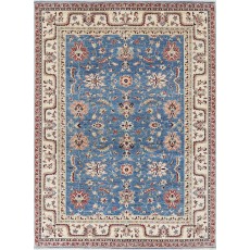 Hand Knotted Floral Area Rug with Blue Field and Beige Border | Traditional Oushak Wool Carpet