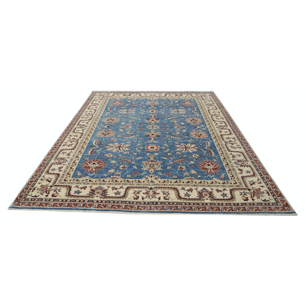 Hand Knotted Floral Area Rug with Blue Field and Beige Border | Traditional Oushak Wool Carpet Hand Knotted Floral Area Rug with Blue Field and Beige Border | Traditional Oushak Wool Carpet