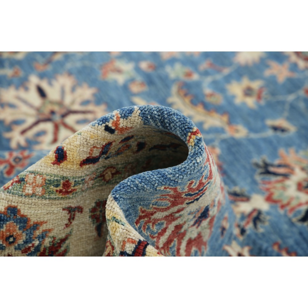 Hand Knotted Floral Area Rug with Blue Field and Beige Border | Traditional Oushak Wool Carpet Hand Knotted Floral Area Rug with Blue Field and Beige Border | Traditional Oushak Wool Carpet