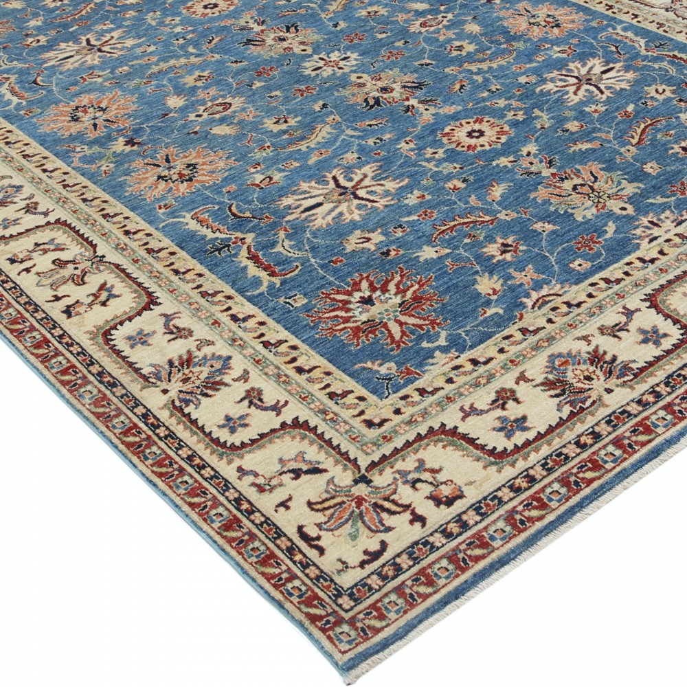 Hand Knotted Floral Area Rug with Blue Field and Beige Border | Traditional Oushak Wool Carpet Hand Knotted Floral Area Rug with Blue Field and Beige Border | Traditional Oushak Wool Carpet