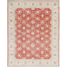 Hand Knotted Floral Area Rug with Red Field and Ivory Border | Turkish Oushak Wool Carpet