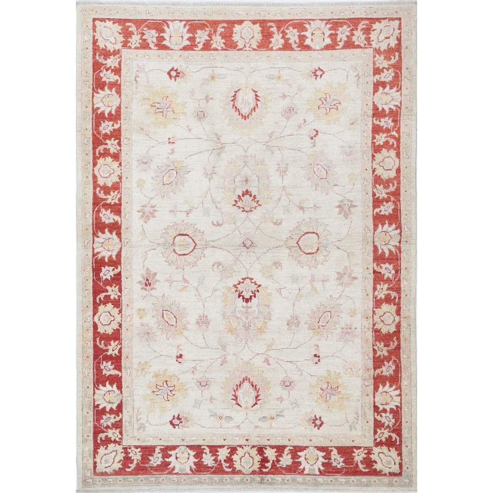 Hand Knotted Floral Turkish Area Rug with Beige Field and Red Border | Wool Carpet for Home Decor Hand Knotted Floral Turkish Area Rug with Beige Field and Red Border | Wool Carpet for Home Decor