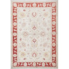 Hand Knotted Floral Turkish Area Rug with Beige Field and Red Border | Wool Carpet for Home Decor