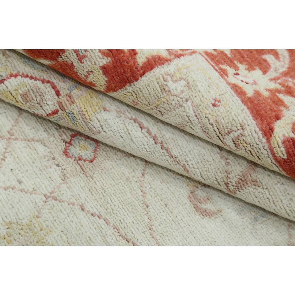 Hand Knotted Floral Turkish Area Rug with Beige Field and Red Border | Wool Carpet for Home Decor Hand Knotted Floral Turkish Area Rug with Beige Field and Red Border | Wool Carpet for Home Decor