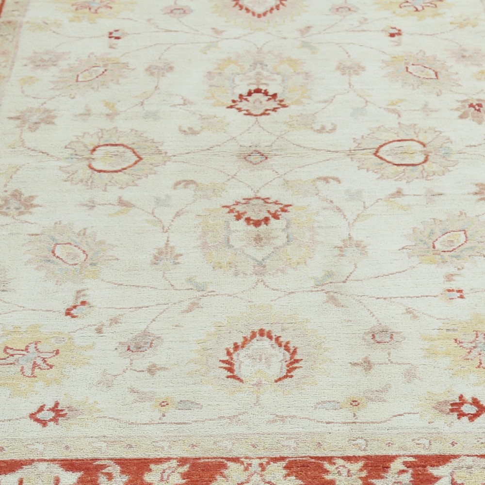 Hand Knotted Floral Turkish Area Rug with Beige Field and Red Border | Wool Carpet for Home Decor Hand Knotted Floral Turkish Area Rug with Beige Field and Red Border | Wool Carpet for Home Decor