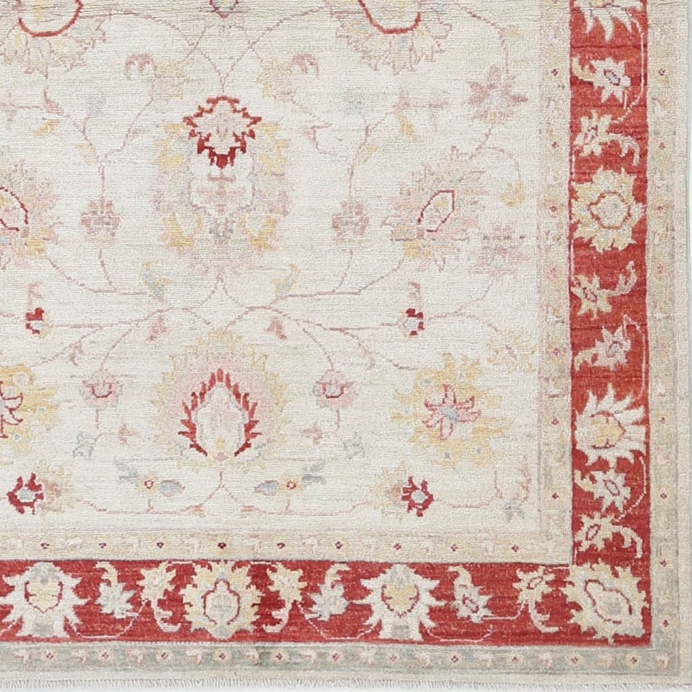 Hand Knotted Floral Turkish Area Rug with Beige Field and Red Border | Wool Carpet for Home Decor Hand Knotted Floral Turkish Area Rug with Beige Field and Red Border | Wool Carpet for Home Decor