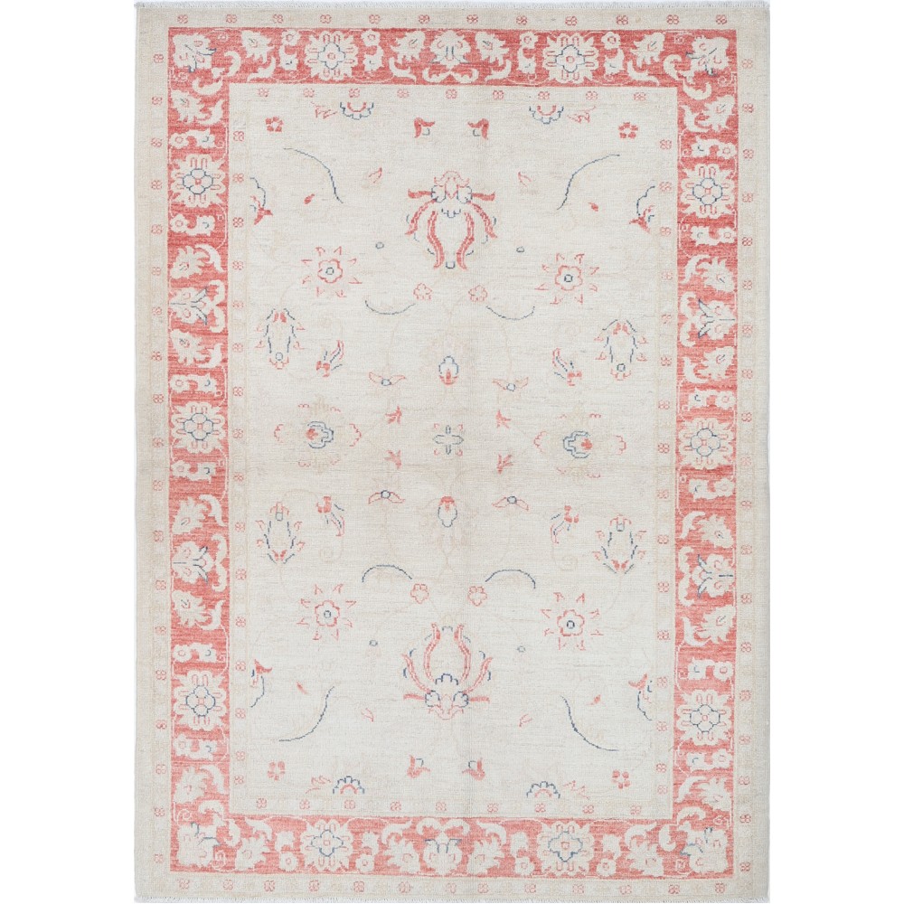 Hand Knotted Floral Turkish Accent Rug with Beige Field and Red Border | 100% Wool Hand Knotted Floral Turkish Accent Rug with Beige Field and Red Border | 100% Wool