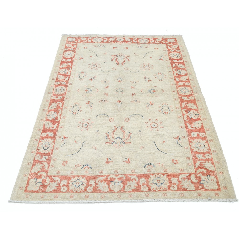 Hand Knotted Floral Turkish Accent Rug with Beige Field and Red Border | 100% Wool Hand Knotted Floral Turkish Accent Rug with Beige Field and Red Border | 100% Wool